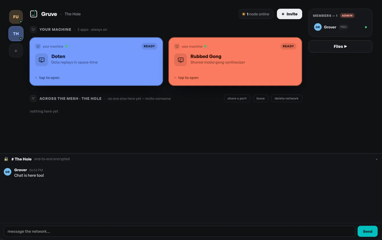 The Gruve lobby for a net called The Hole — your machine's apps as tiles, a members panel, and an end-to-end encrypted chat at the bottom.