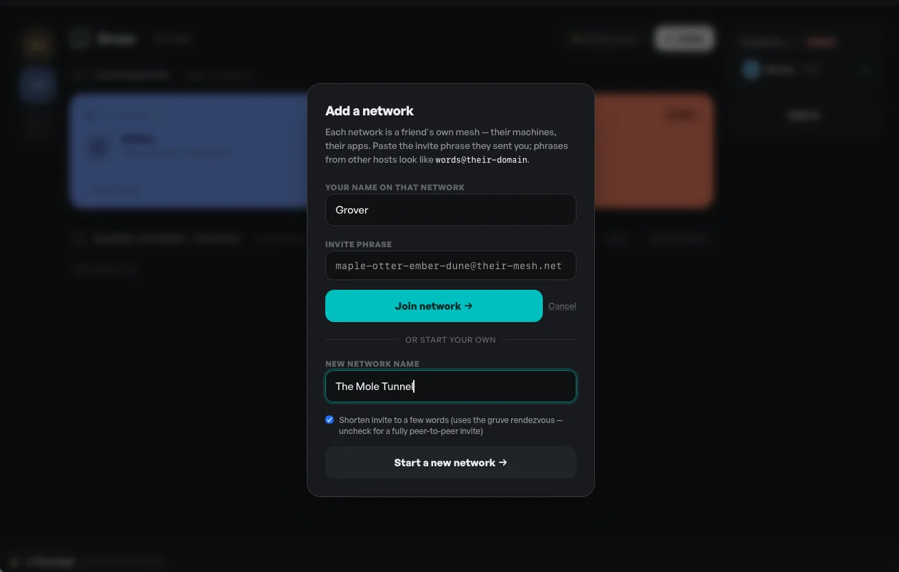 The 'Add a network' dialog: paste a friend's invite phrase to join their mesh, or name and start your own.